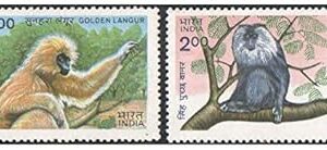 India 1983 Indian Wildlife Endangered Primates (Golden Langur - Presbytis geei - Lion Tailed Macaque - Macaca ilenus) Set of 2 Stamps Mint Unhinged