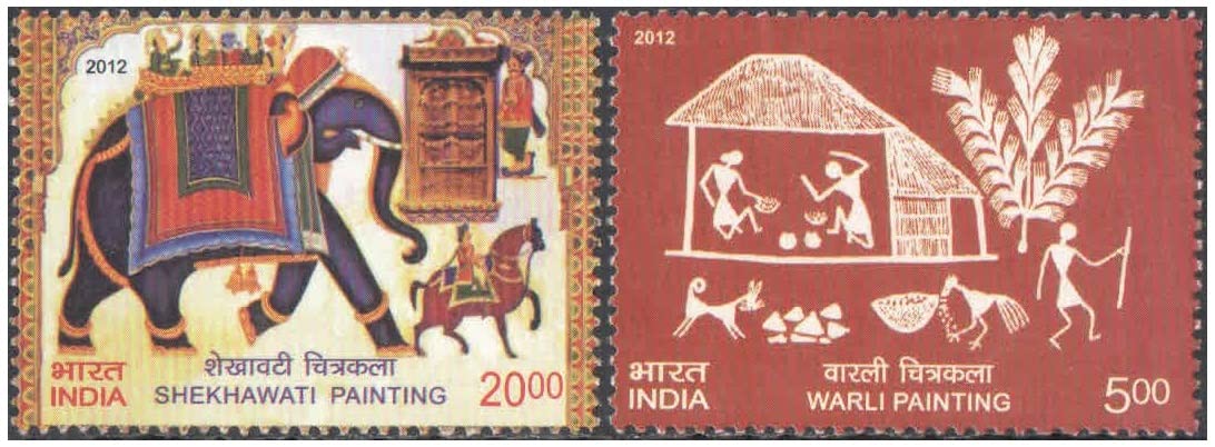 India 2012 SHEKHAWATI & WARLI Paintings - Set of 2 Postage Stamps Mint Unhinged