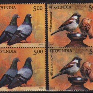 India 2010 Pigeon & Sparrow Set of 2 Blocks of 4 Stamps Each Mint UNHINGED