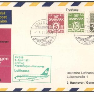 1971 First Flight Cover - (01 April 1971) - Copenhagen (Denmark) to Hanover (Germany) - for Stamp, philatelic Collection