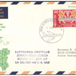 1969 First Flight Cover - (01 April 1969) - Cologne (Germany) to Zurich (Switzerland) - for Stamp, philatelic Collection (B)