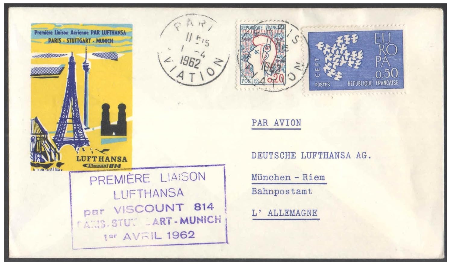 1962 First Flight Cover - (01 April 1962) Paris (France) to Munich (Germany) - for Stamp, philatelic Collection