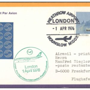 1976 First Flight Cover - (01 April 1976) - London (U.K.) to Frankfurt (Germany) - for Stamp, philatelic Collection