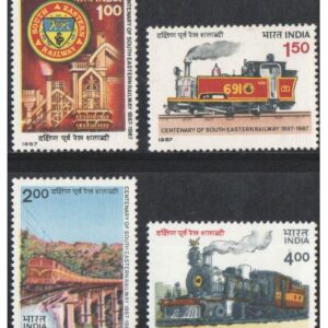 India 1987 Centenary of South Eastern Railway ( S.E. Railway Insigia - PL Type Narrow Gauge Locomotive - Electric Locomotive - ZE Type Narrow Gauge Locomotive ) Set of 4 Stamps Mint Unhinged