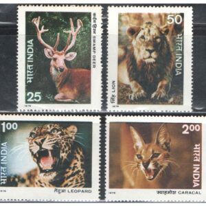 India 1976 Indian Wildlife - Wild Life ( Swamp Deer - Lion - Leopard - Caracal ) - Set of 4 Postage Stamps Mint Unhinged