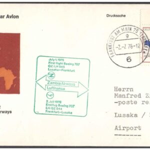 1976-75 First Flight Cover - (02 July 1976) - -Zambia Airways Frankfurt (Germany) to Lusaka (Zambia) - for Stamp Collection (B)