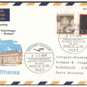 1968 First Flight Cover - (01 July 1968) - Stuttgart (Germany) to Copenhagen (Denmark) - for Stamp, philatelic Collection