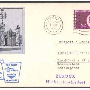 1961 First Flight Cover - (01 Nov 1961) Frankfurt (Germany) to FLUGHAFEN (Germany), for Stamp, philatelic Collection