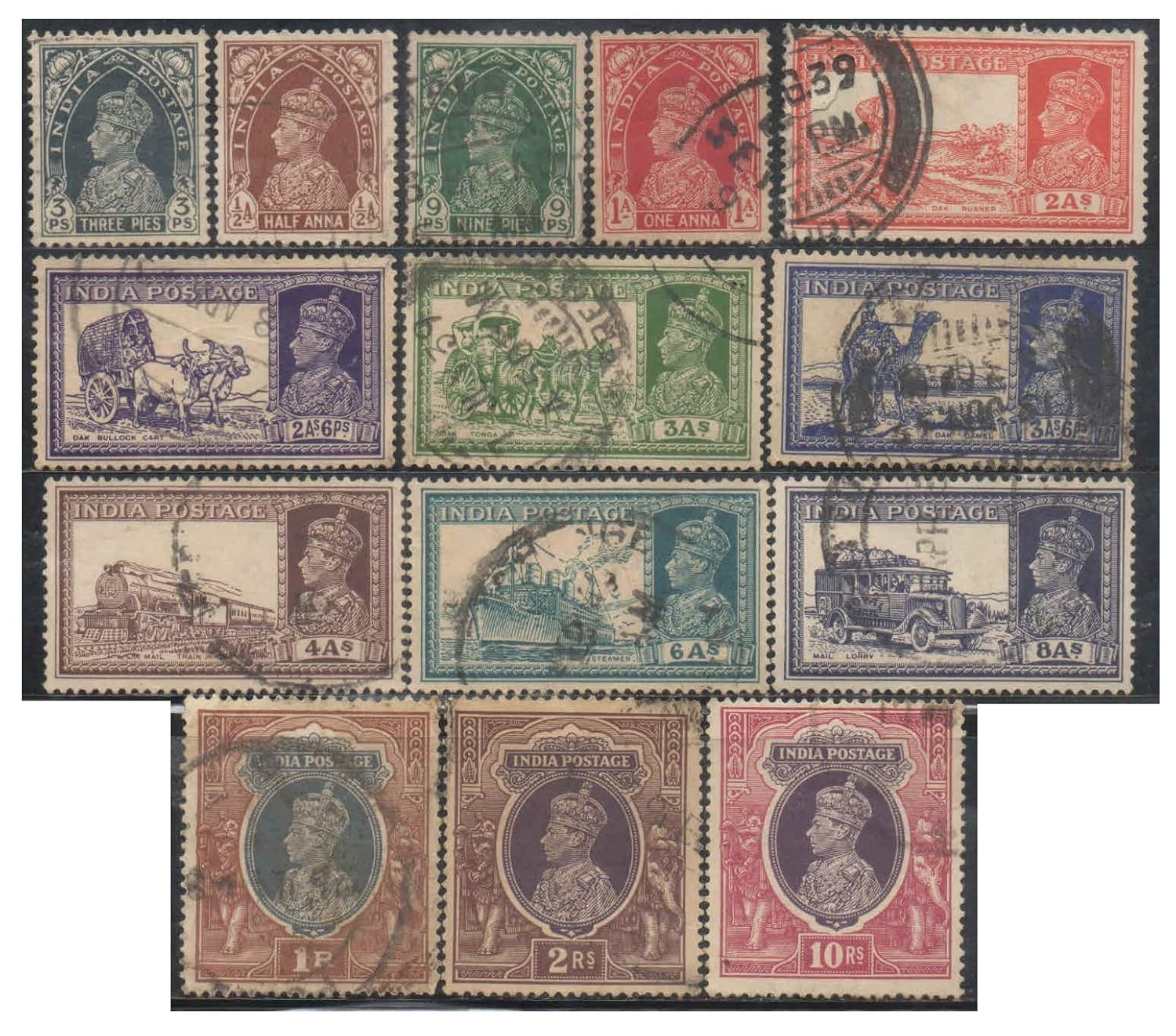 British India 1937-1940 King George VI - Set of 14 Used Postage Stamps for Collection