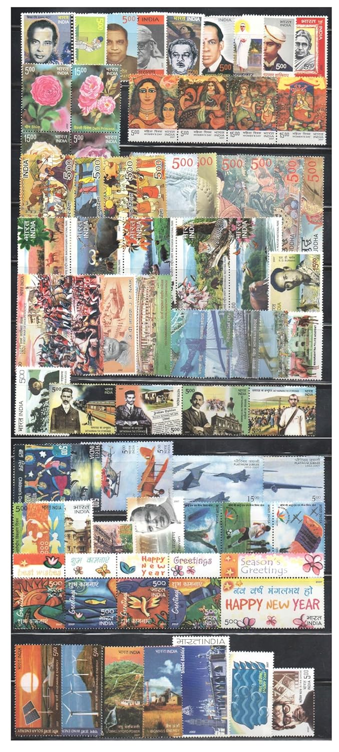 India 2007 Year Pack (Full Complete Year Pack - Year Set) of 72 Postage Stamps (Including Greetings-Happy New Year Tab) Mint Unhinged