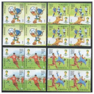 India 2014 Football Soccer World Cup Commemoration - Set of 4 Blocks of 4 Postage Stamps Each (Total 16 Stamps) - Mint, Never Hinged, Multicolor