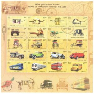 India 2017 Means of Transport Through The Ages - Mixed Sheetlet containing 20 Different Postage Stamps - Mint, Unhinged, for Collection