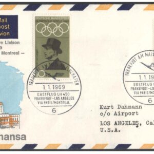 1969 First Flight Cover - Lufthansa - (01 January 1969) - OLYMPICS - FRANKFURT ( Germany ) to LOS ANGELES ( USA ) covering cities hosting Olympic Games