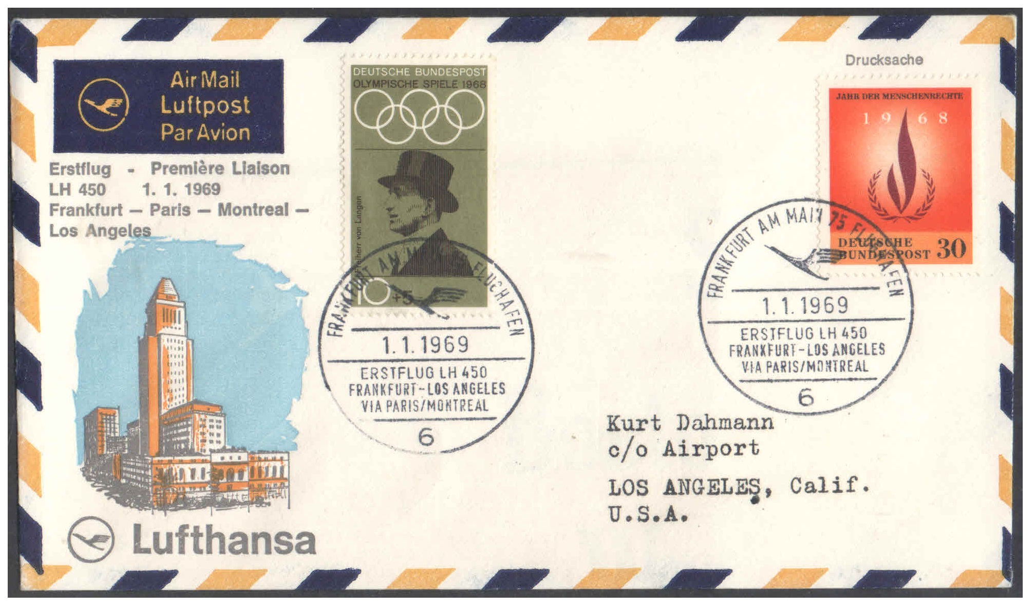 1969 First Flight Cover - Lufthansa - (01 January 1969) - OLYMPICS - FRANKFURT ( Germany ) to LOS ANGELES ( USA ) covering cities hosting Olympic Games