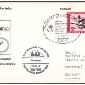 1976 First Flight Cover - Lufthansa - (09 July 1976) OLYMPICS - FRANKFURT ( Germany ) to MONTREAL ( Canada )-B covering cities hosting Olympic Games