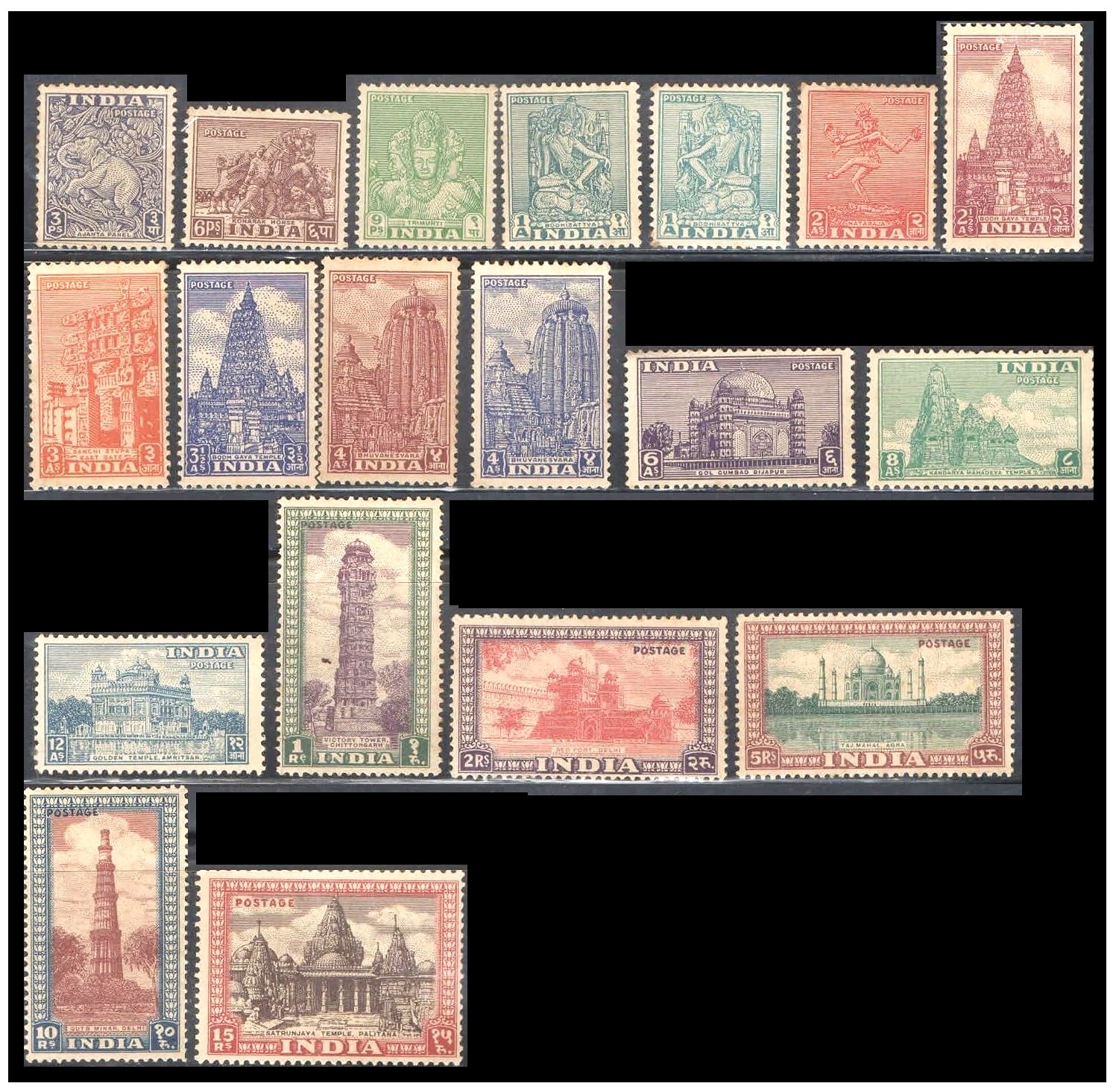 India 1949-1st Definitive Series - Archaeological & Historical Monuments - Set of 19 Stamps MNH
