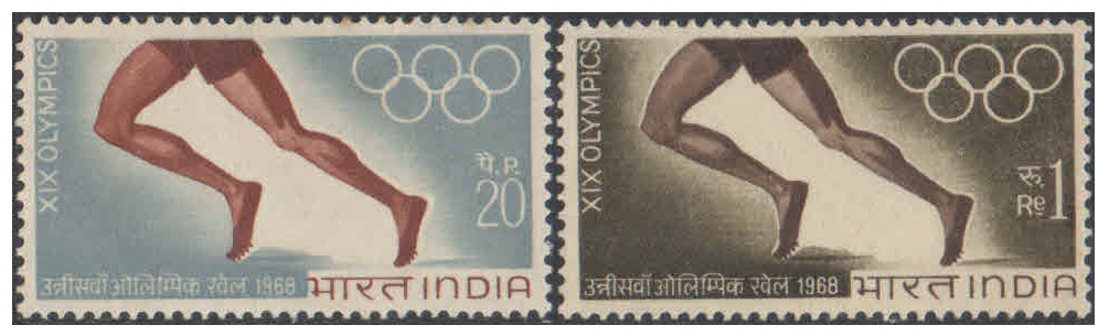 India 1968 - 19th Olympics ( Olympic Games ) at Mexico City, Mexico - Set of 2 Postage Stamps - Mint, Never Hinged
