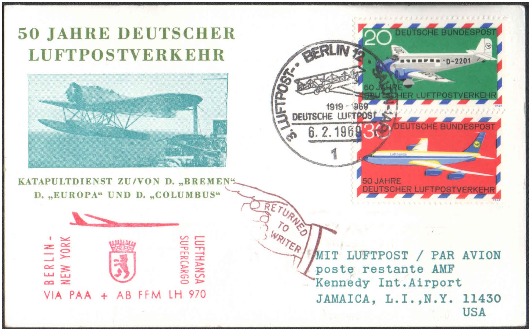 1969 Airmail ( Air Mail ) Card (06 February 1969) - 50 Years of German Airmail Service - Lufthansa Super Cargo - Berlin ( Germany ) to New York ( USA )