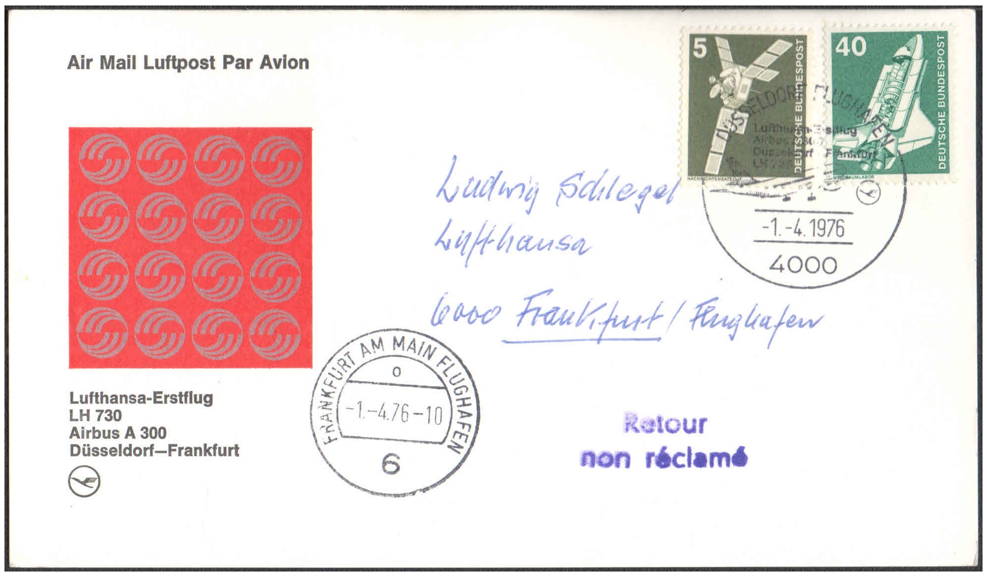 1976 First Flight Card - (01 April 1976) - Lufthansa Dusseldorf ( Germany ) to FRANKFURT ( Germany )