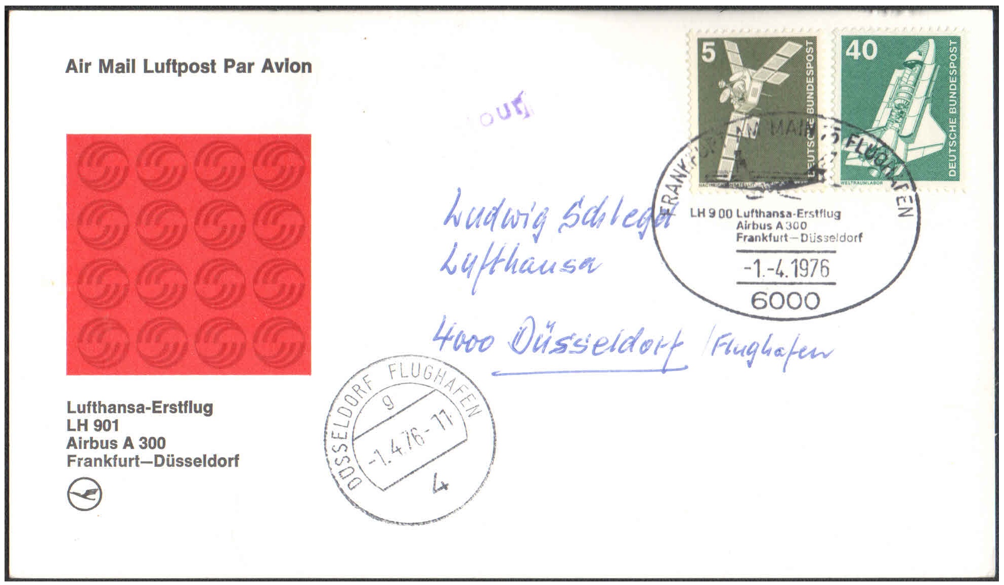 1976 First Flight Card - (01 April 1976) - Lufthansa FRANKFURT ( Germany ) to Dusseldorf ( Germany )