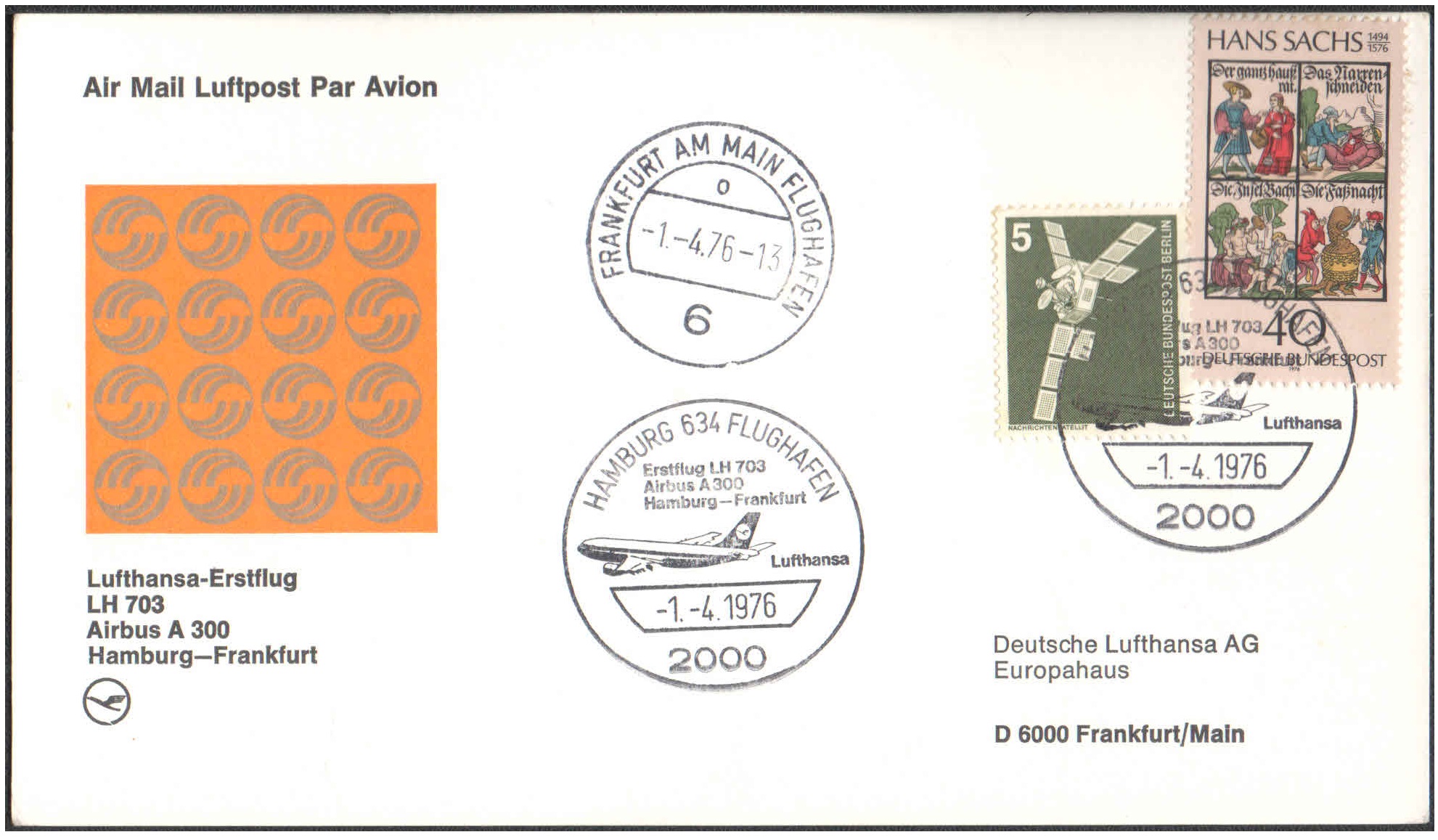 1976 First Flight Card - (01 April 1976) - Lufthansa LH 703 - HAMBURG ( Germany ) to FRANKFURT ( Germany )