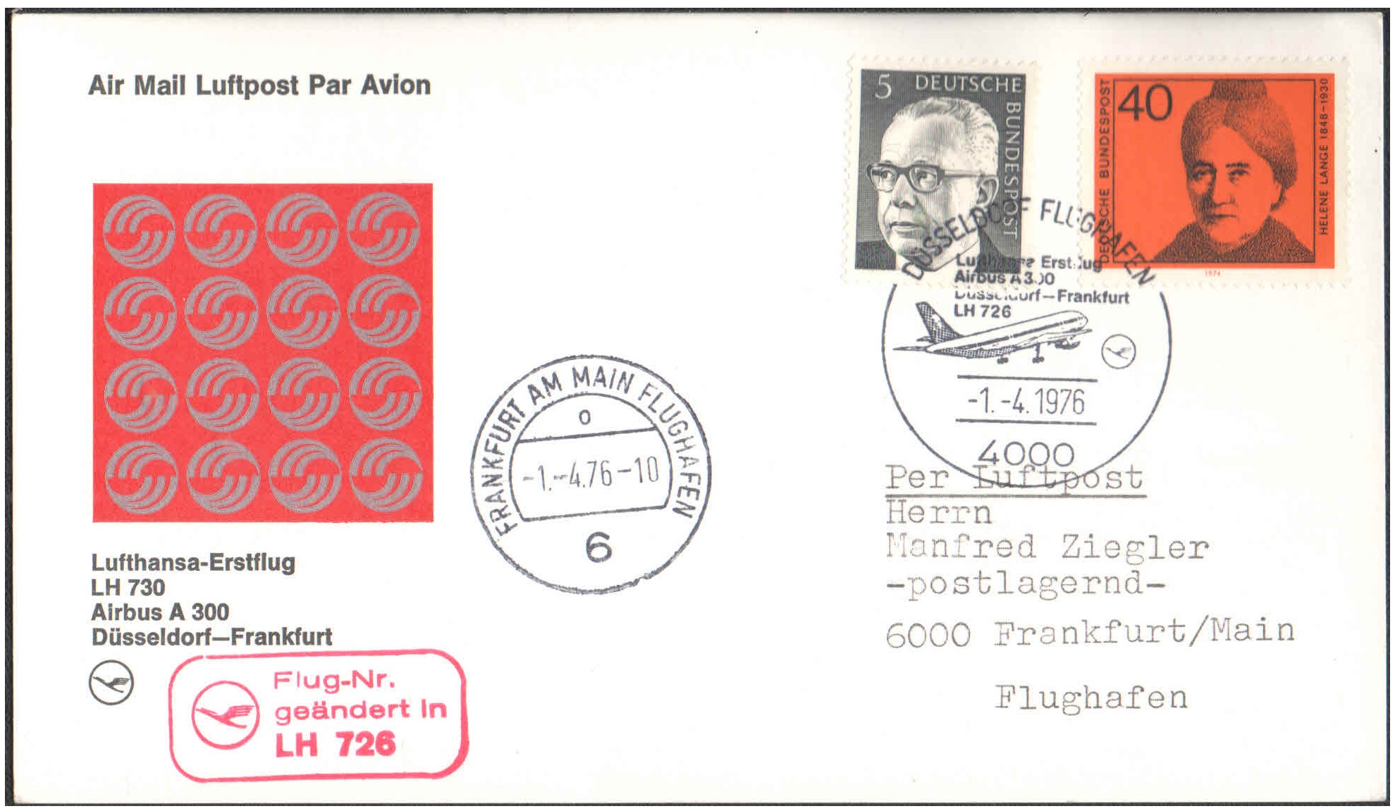 1976 First Flight Card - (01 April 1976) - Lufthansa LH 730 - Dusseldorf ( Germany ) to FRANKFURT ( Germany )