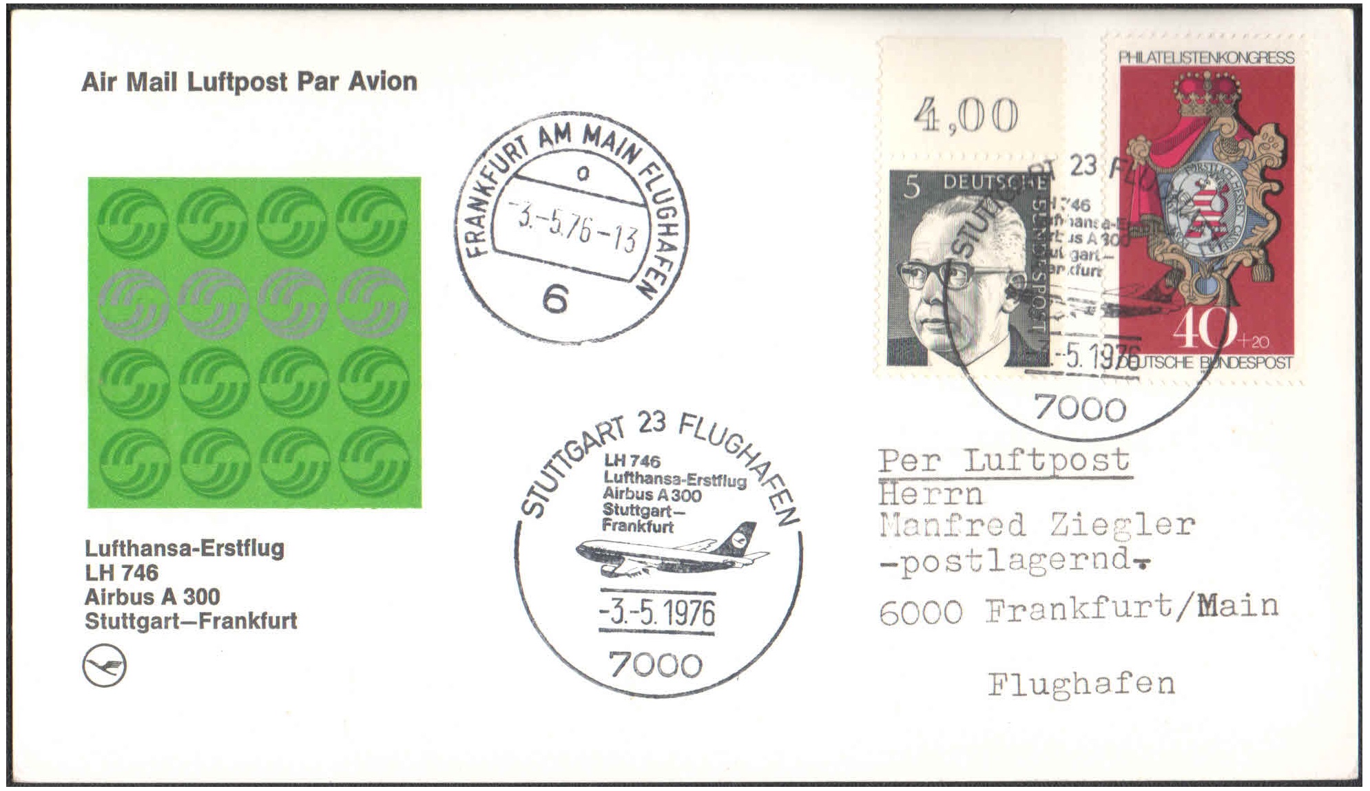 1976 First Flight Card - (03 May 1976) - Lufthansa LH 746 - STUTTGART ( Germany ) to FRANKFURT ( Germany )