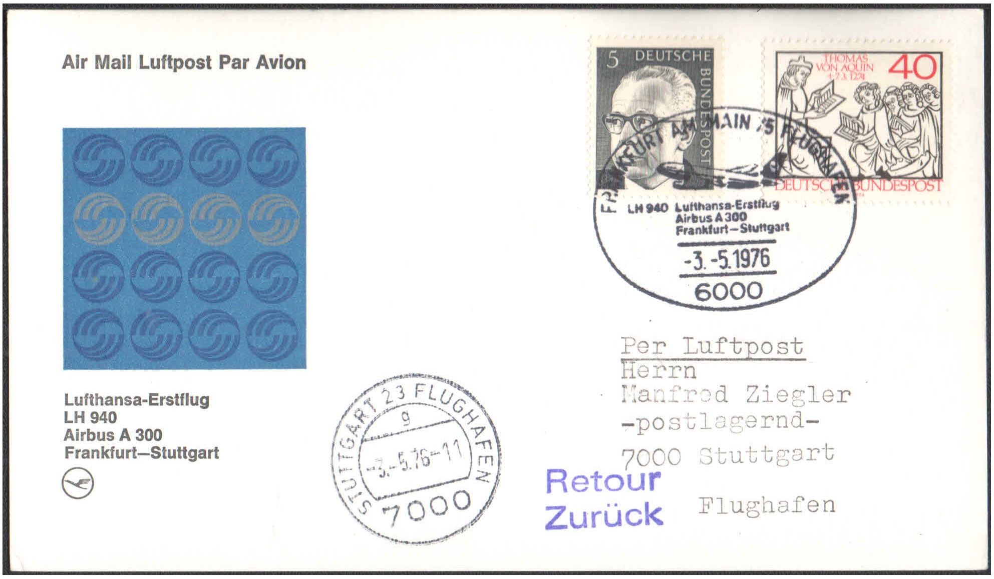 1976 First Flight Card - (03 May 1976) - Lufthansa LH 940 - FRANKFURT ( Germany ) to STUTTGART ( Germany )