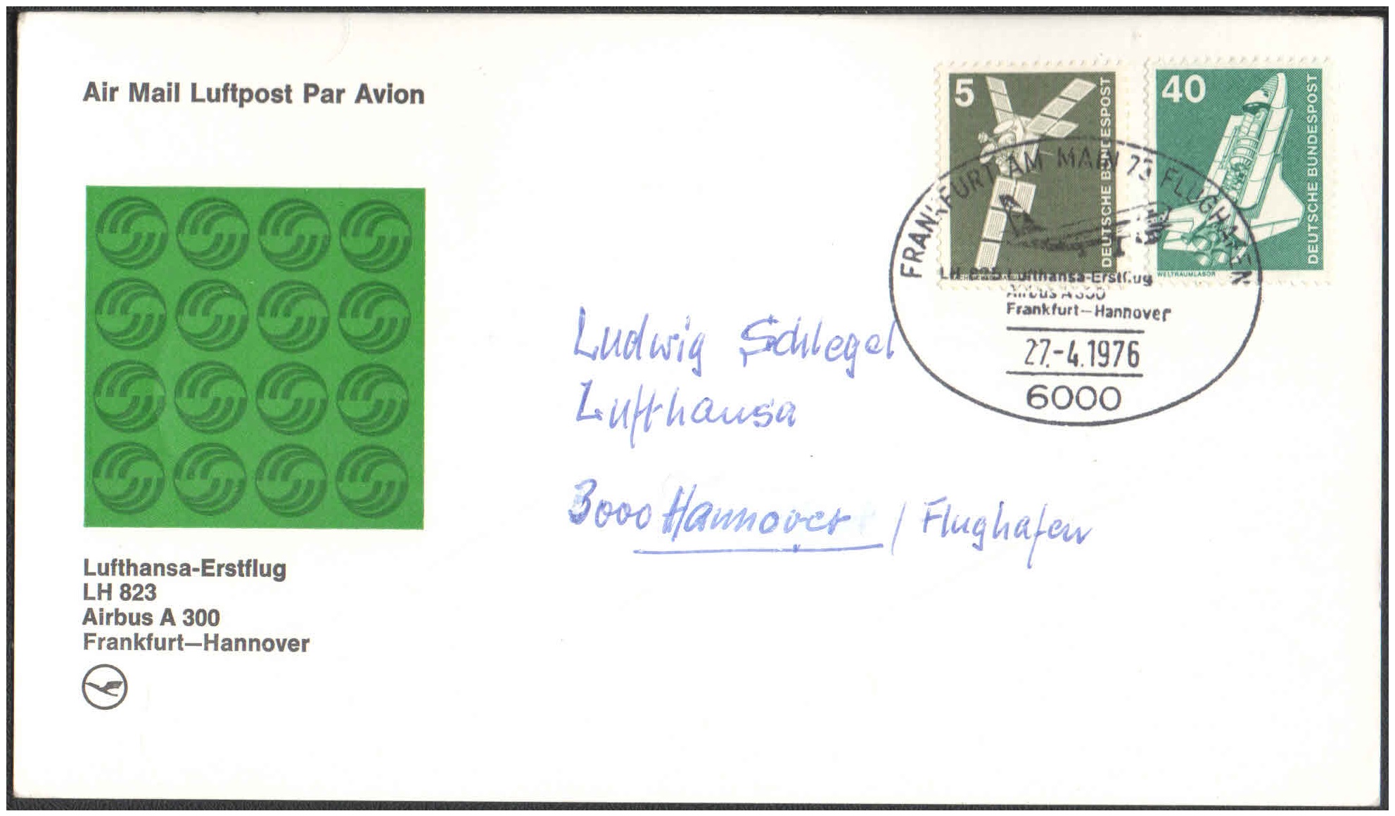 1976 First Flight Card - (27 April 1976) - Lufthansa FRANKFURT ( Germany ) to HANOVER ( Germany )