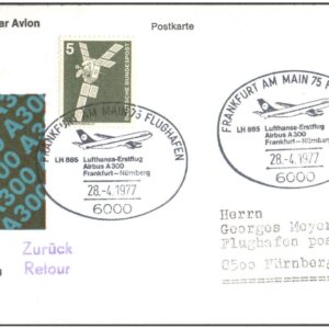 1977 First Flight Card - (28 April 1977) - Lufthansa FRANKFURT ( Germany ) to NUREMBERG ( Germany )