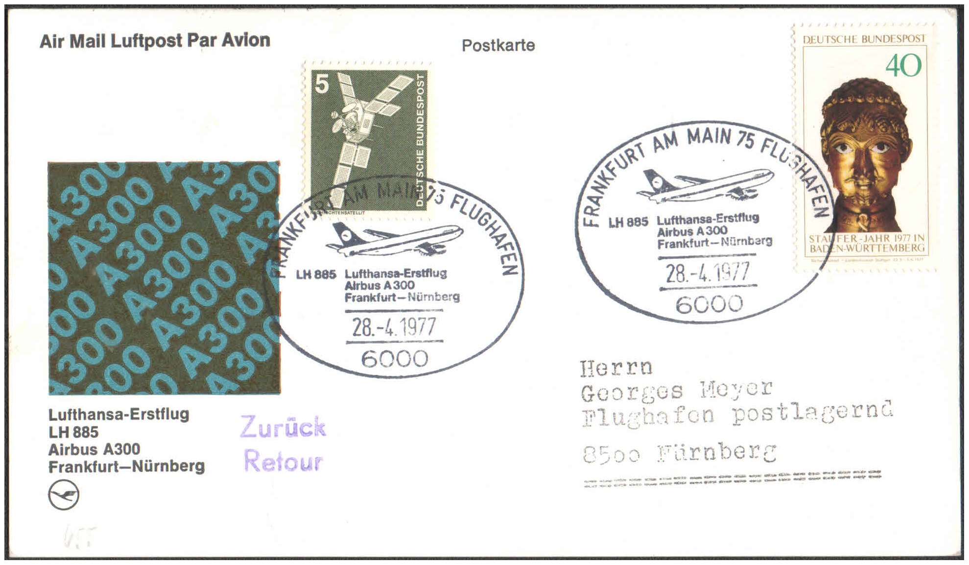 1977 First Flight Card - (28 April 1977) - Lufthansa FRANKFURT ( Germany ) to NUREMBERG ( Germany )