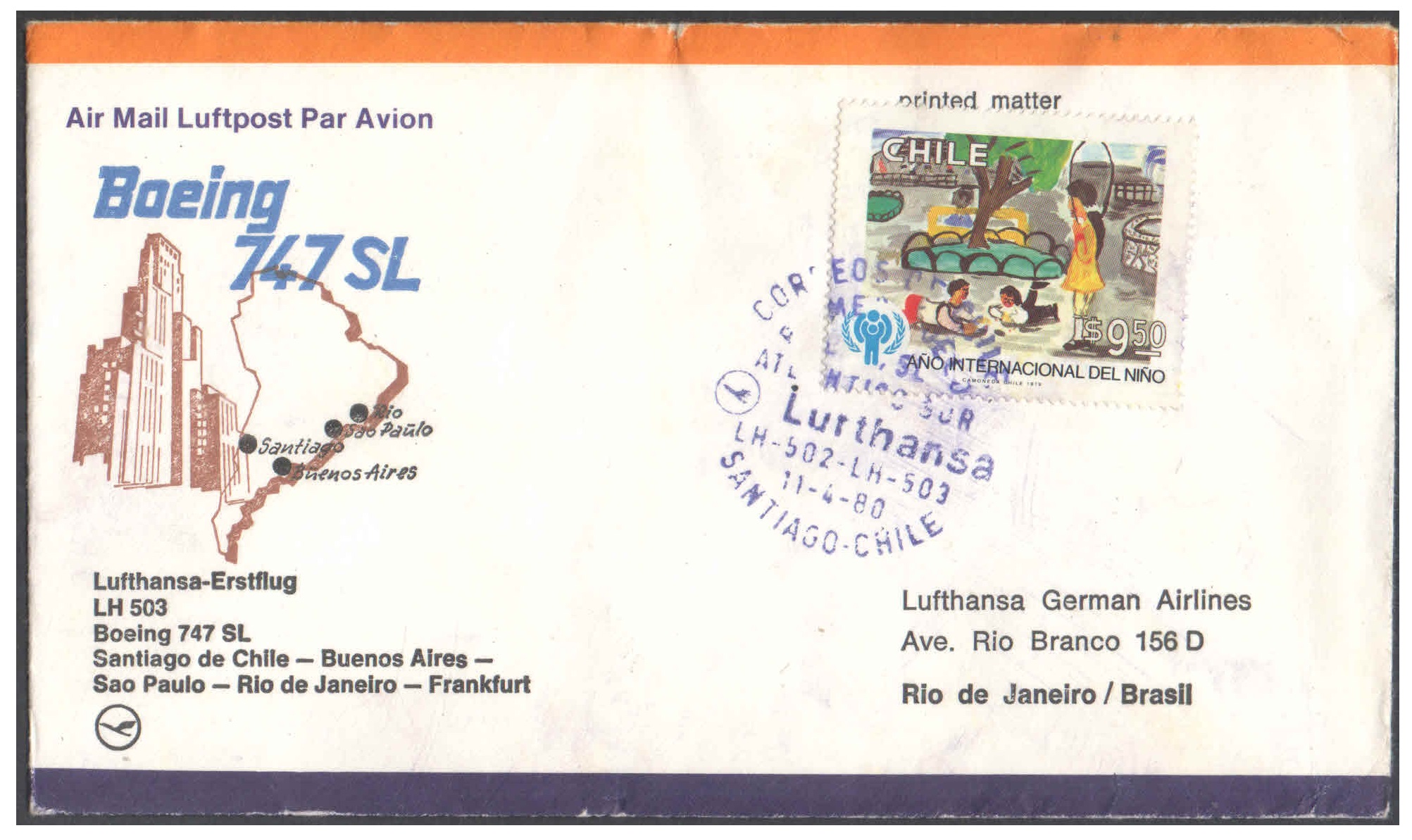 1980 First Flight Cover - (11 April 1980) - Lufthansa SANTIAGO ( Chile ) to FRANKFURT ( Germany )