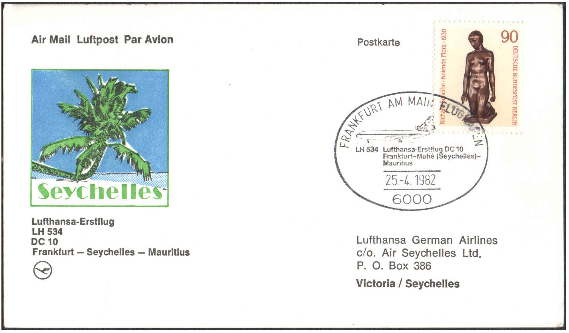 1982 First Flight Card - (25 April 1982) - Lufthansa - FRANKFURT ( Germany ) to Mauritius