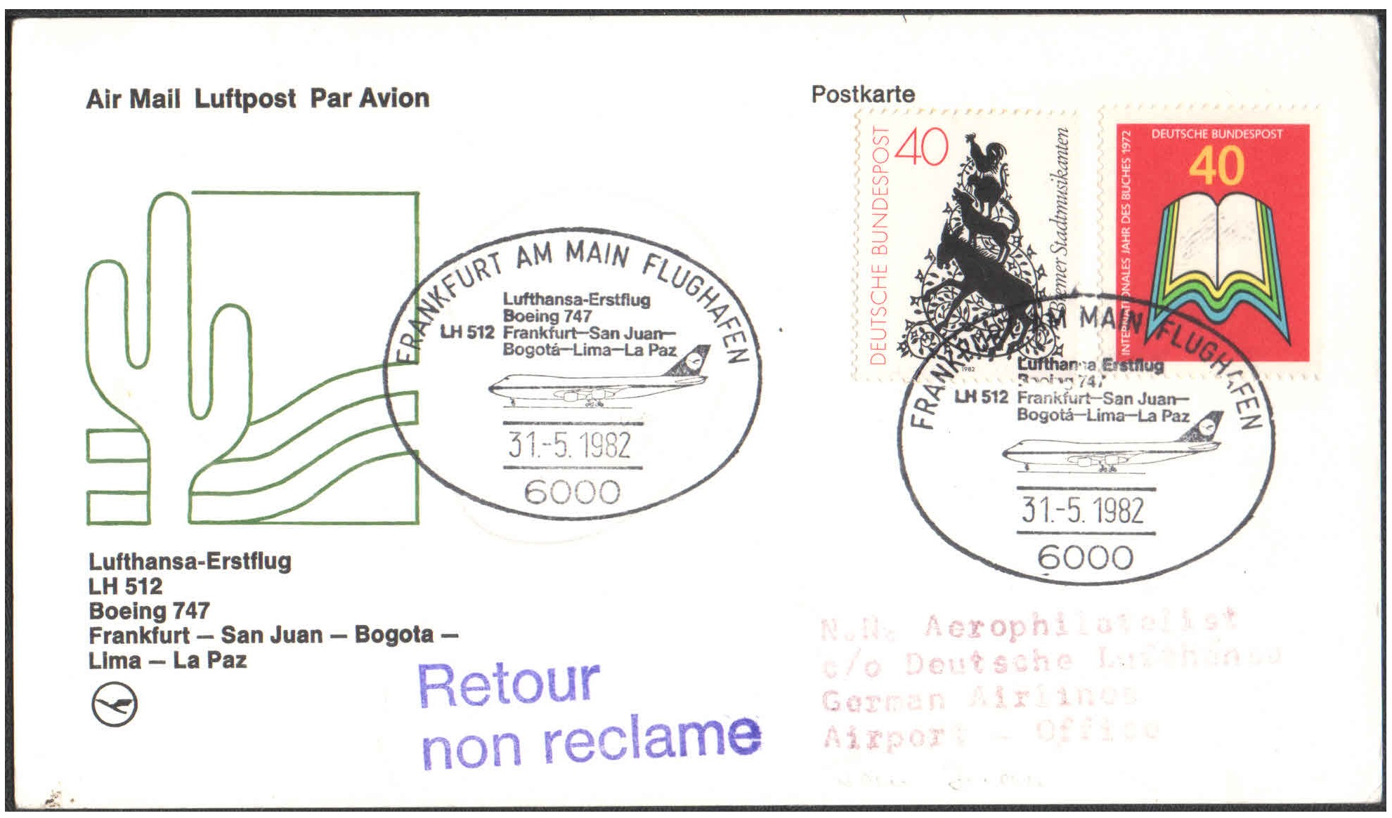 1982 First Flight Card - (31 May 1982) - Lufthansa - FRANKFURT ( Germany ) to LA PAZ ( Bolivia )