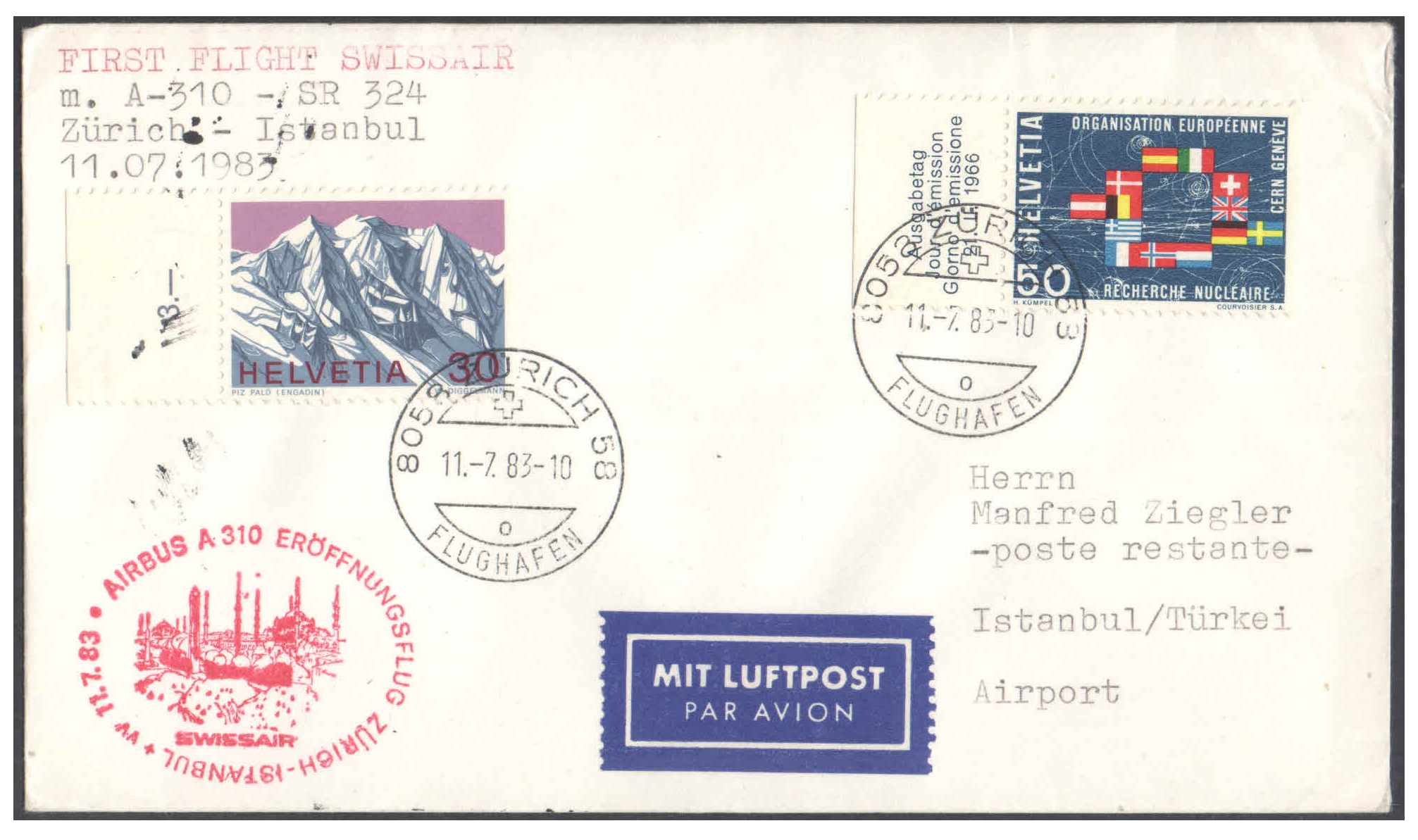 1983 First Flight Cover - (11 July 1983) - Swiss Air ZURICH ( Switzerland ) to ISTANBUL ( Turkey )