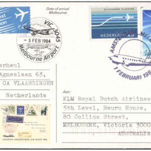 1984 - KLM Royal Dutch Airlines (05 Feb 1984) UIVER Memorial Flight Card Amsterdam ( Netherlands )to Melbourne ( Australia ) Commemorating 50 Years of First Flight