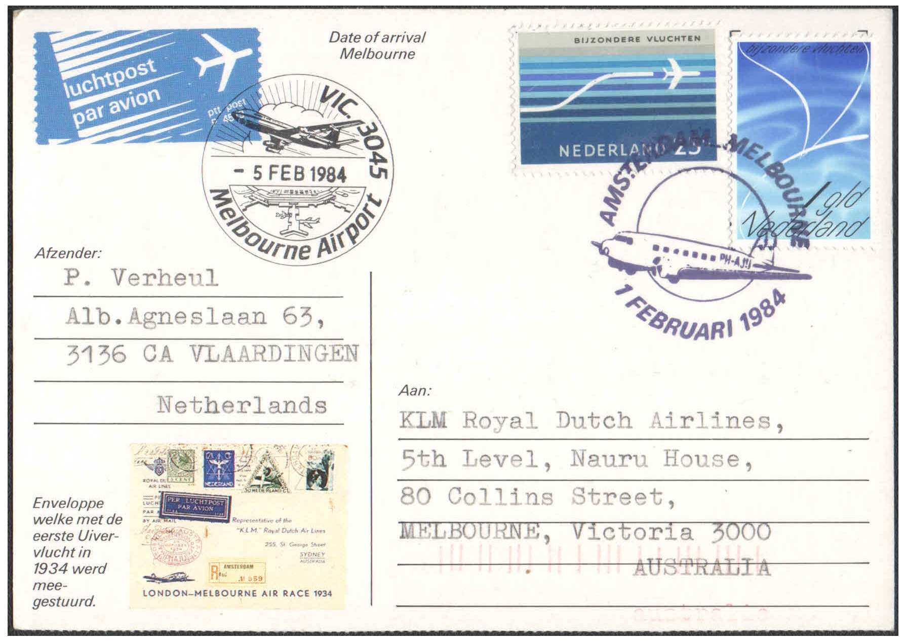 1984 - KLM Royal Dutch Airlines (05 Feb 1984) UIVER Memorial Flight Card Amsterdam ( Netherlands )to Melbourne ( Australia ) Commemorating 50 Years of First Flight