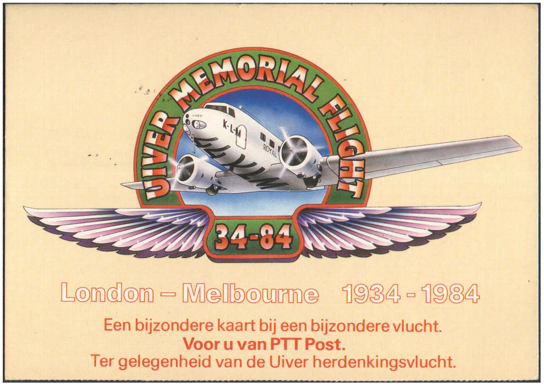 1984 - KLM Royal Dutch Airlines (05 Feb 1984) UIVER Memorial Flight Card Amsterdam ( Netherlands )to Melbourne ( Australia ) Commemorating 50 Years of First Flight – image 2