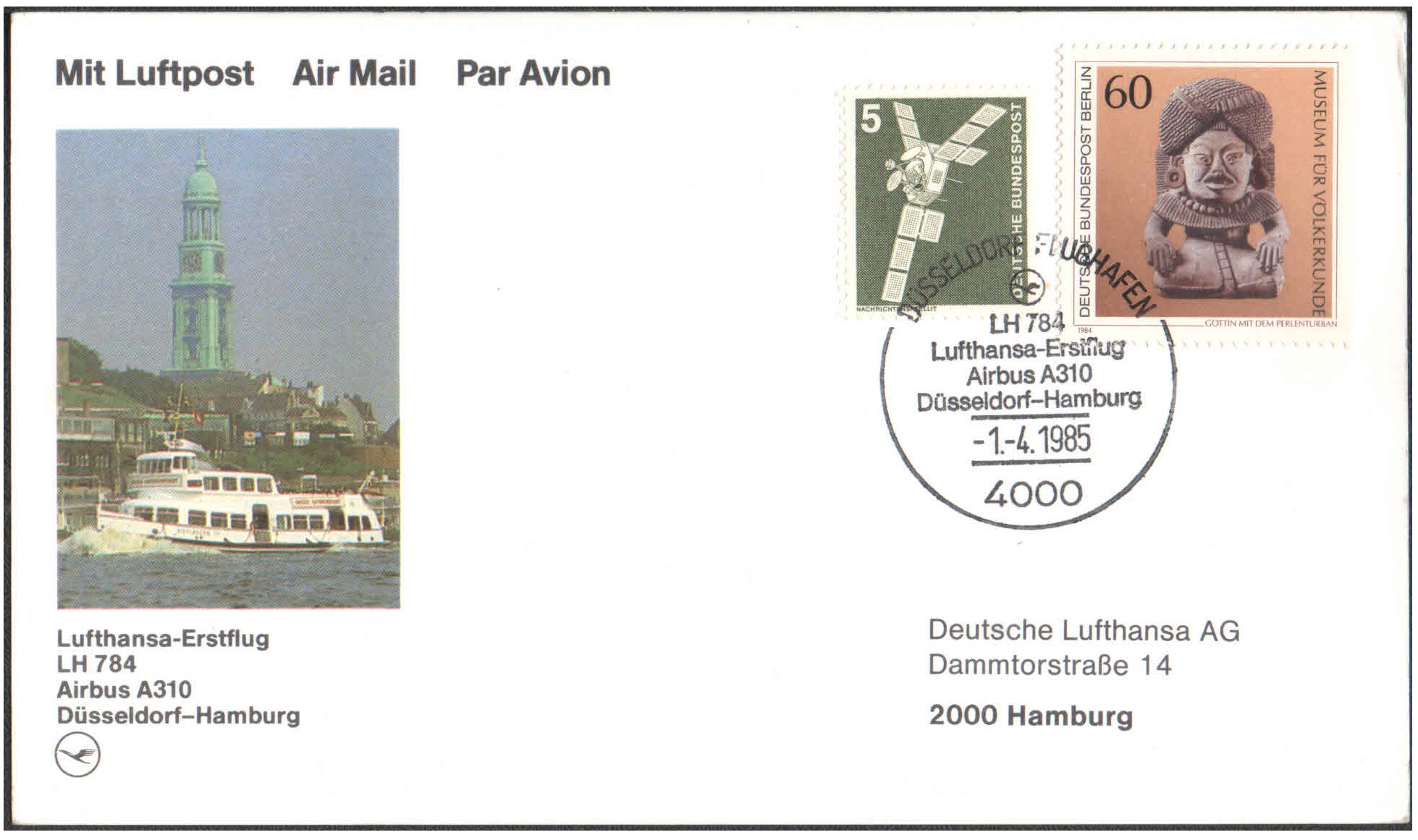 1985 First Flight Card - (01 April 1985) - Lufthansa Dusseldorf ( Germany ) to Hamburg ( Germany )