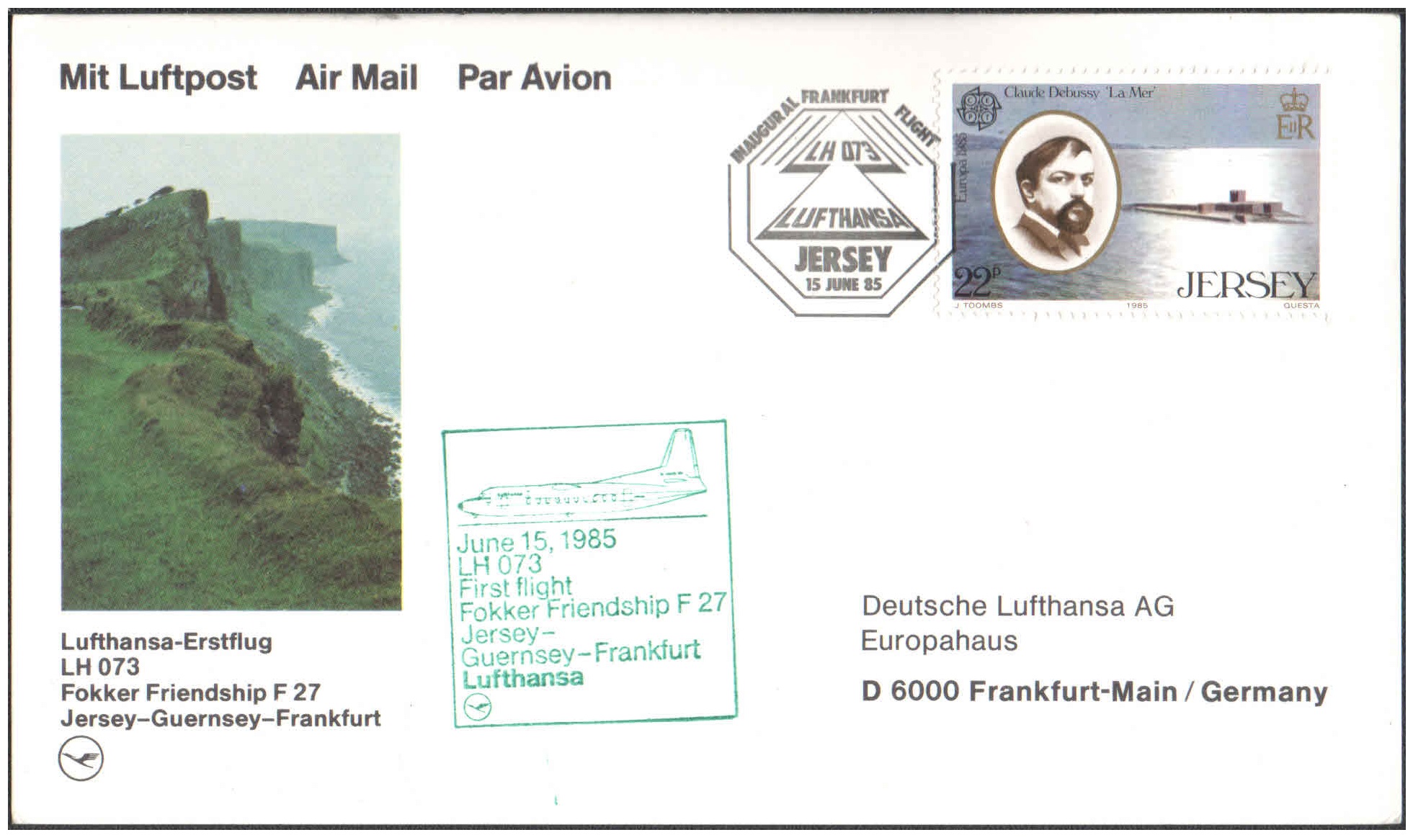 1985 First Flight Card - (15 June 1985) - Lufthansa Jersey City ( New Jersey, USA ) to Frankfurt ( Germany )