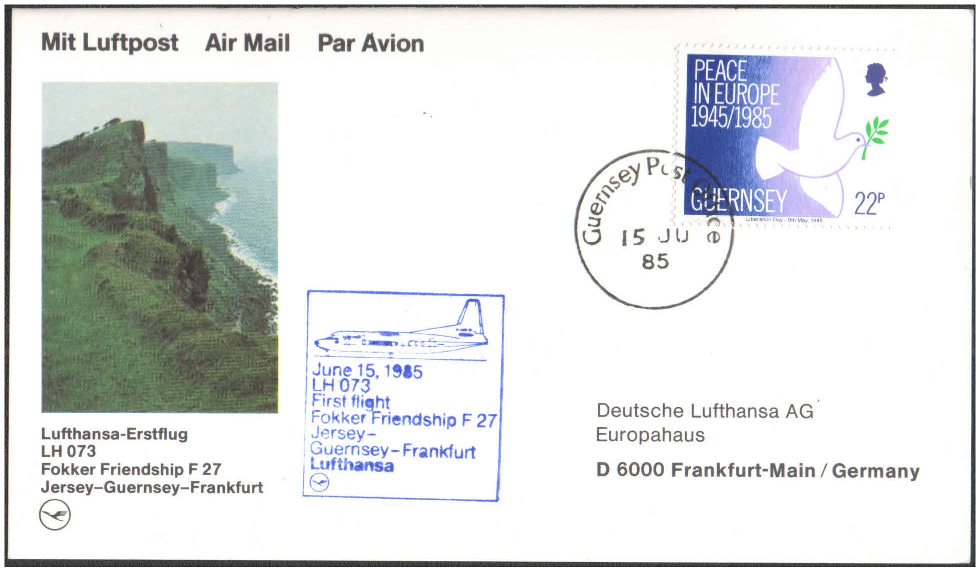 1985 First Flight Card - (15 June 1985) - Lufthansa LH 073 Jersey City ( New Jersey, USA ) to Frankfurt ( Germany )