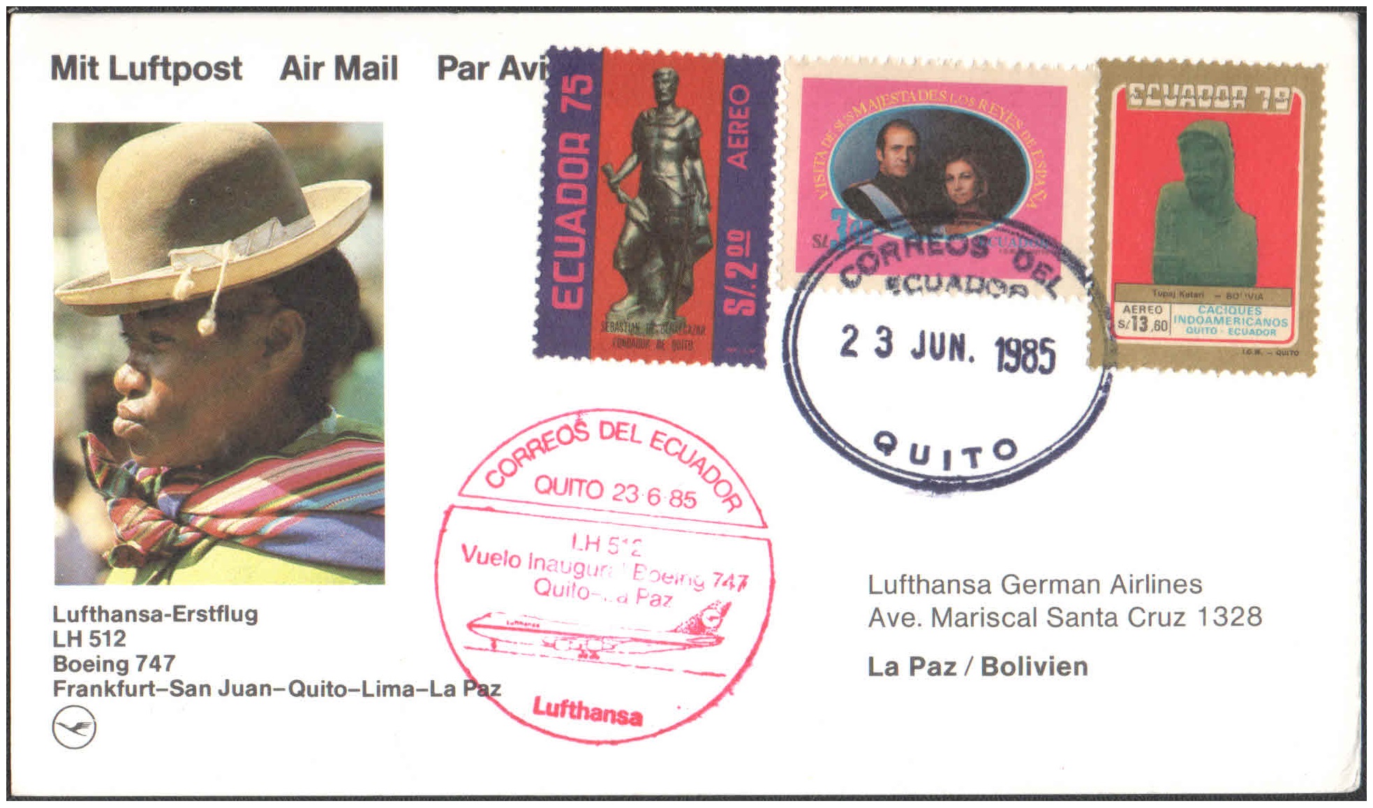 1985 First Flight Card - (23 June 1985) - Lufthansa Frankfurt ( Germany ) to LA PAZ ( Bolivia )