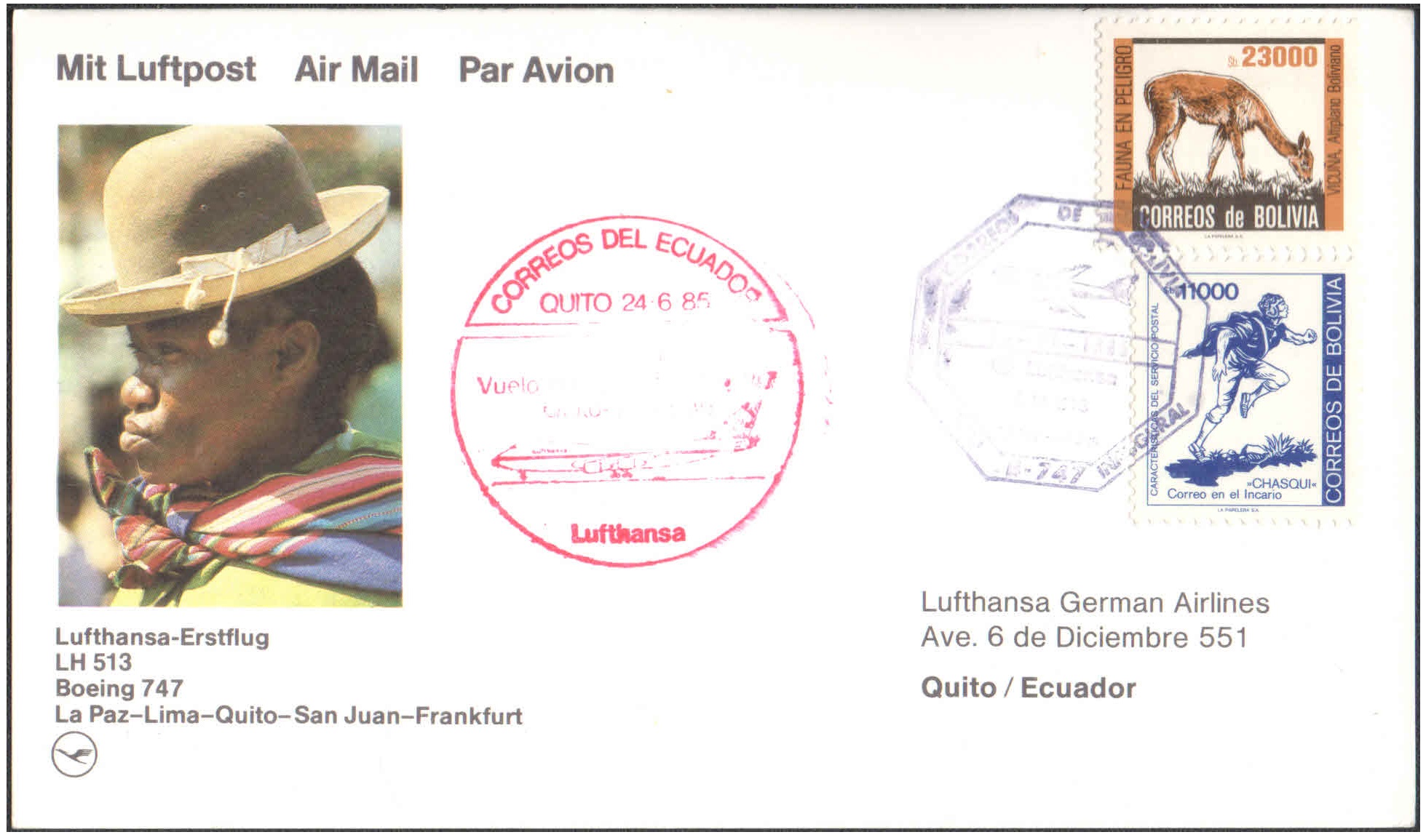 1985 First Flight Card - (24 June 1985) - Lufthansa ) LA PAZ ( Bolivia ) to FRANKFURT ( Germany)