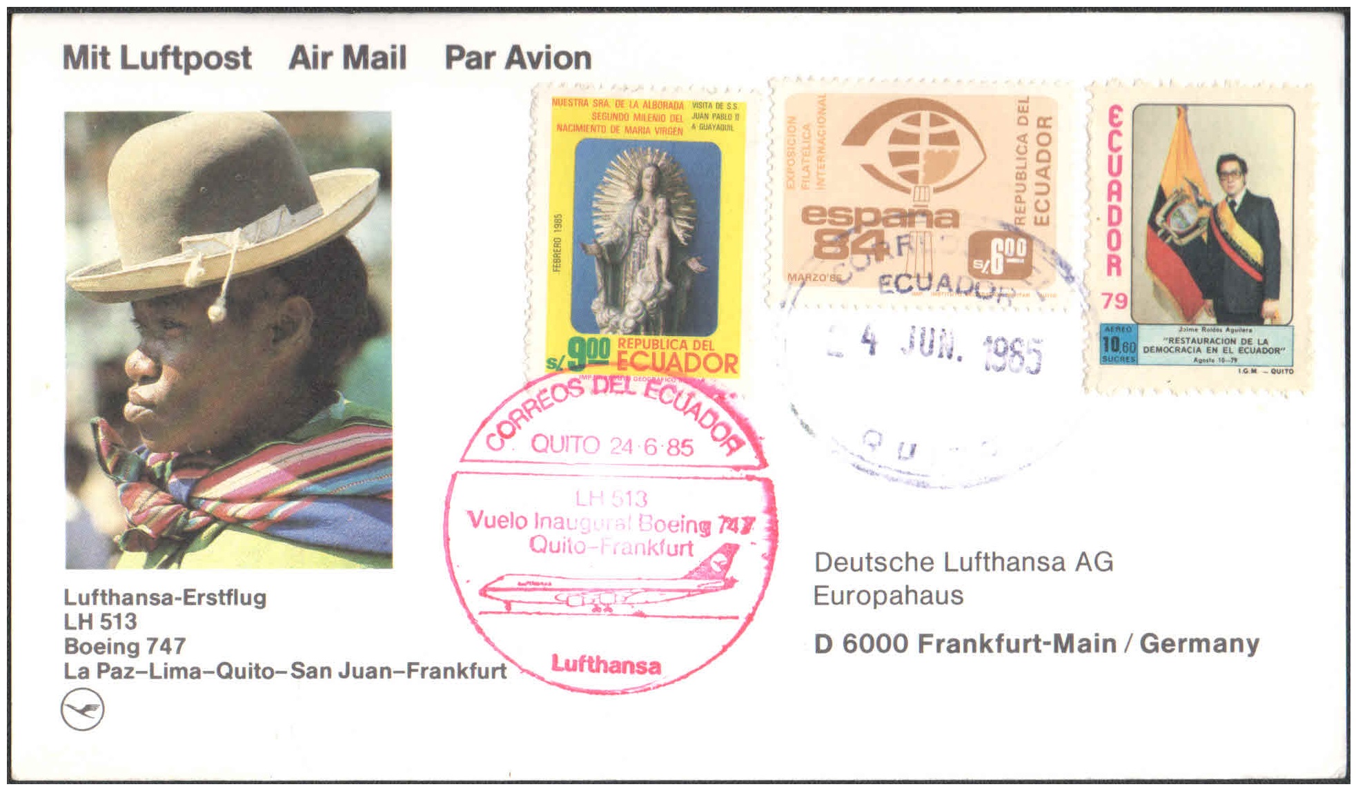 1985 First Flight Card - (24 June 1985) - Lufthansa ) - LA PAZ ( Bolivia ) to FRANKFURT ( Germany