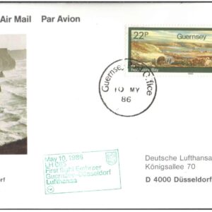 1986 First Flight Card - (10 May 1986) - Lufthansa - GUERNSEY to Dusseldorf ( Germany )