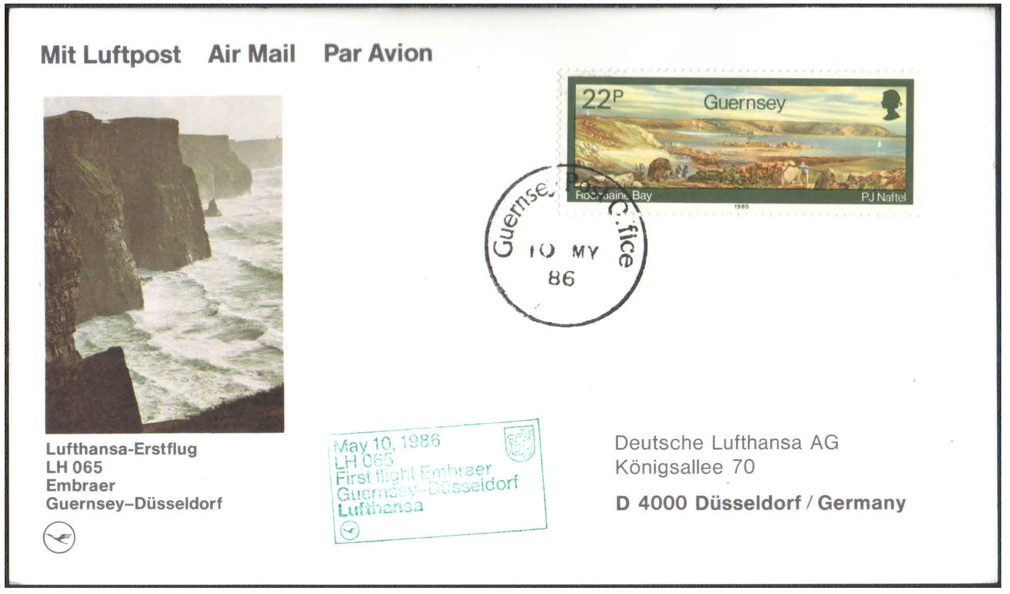 1986 First Flight Card - (10 May 1986) - Lufthansa - GUERNSEY to Dusseldorf ( Germany )