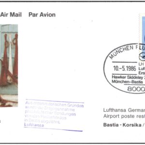 1986 First Flight Card - (10 May 1986) - Lufthansa MUNICH ( Germany ) to BASTIA ( France )