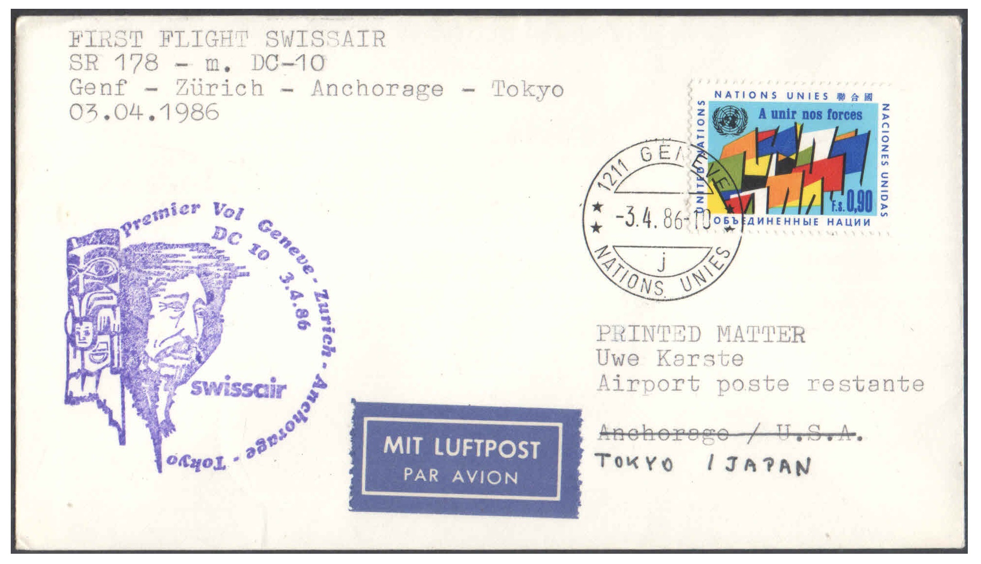 1988 First Flight Cover (03 April 1986) - Swiss Air - Geneva ( Switzerland ) to TOKYO ( Japan )