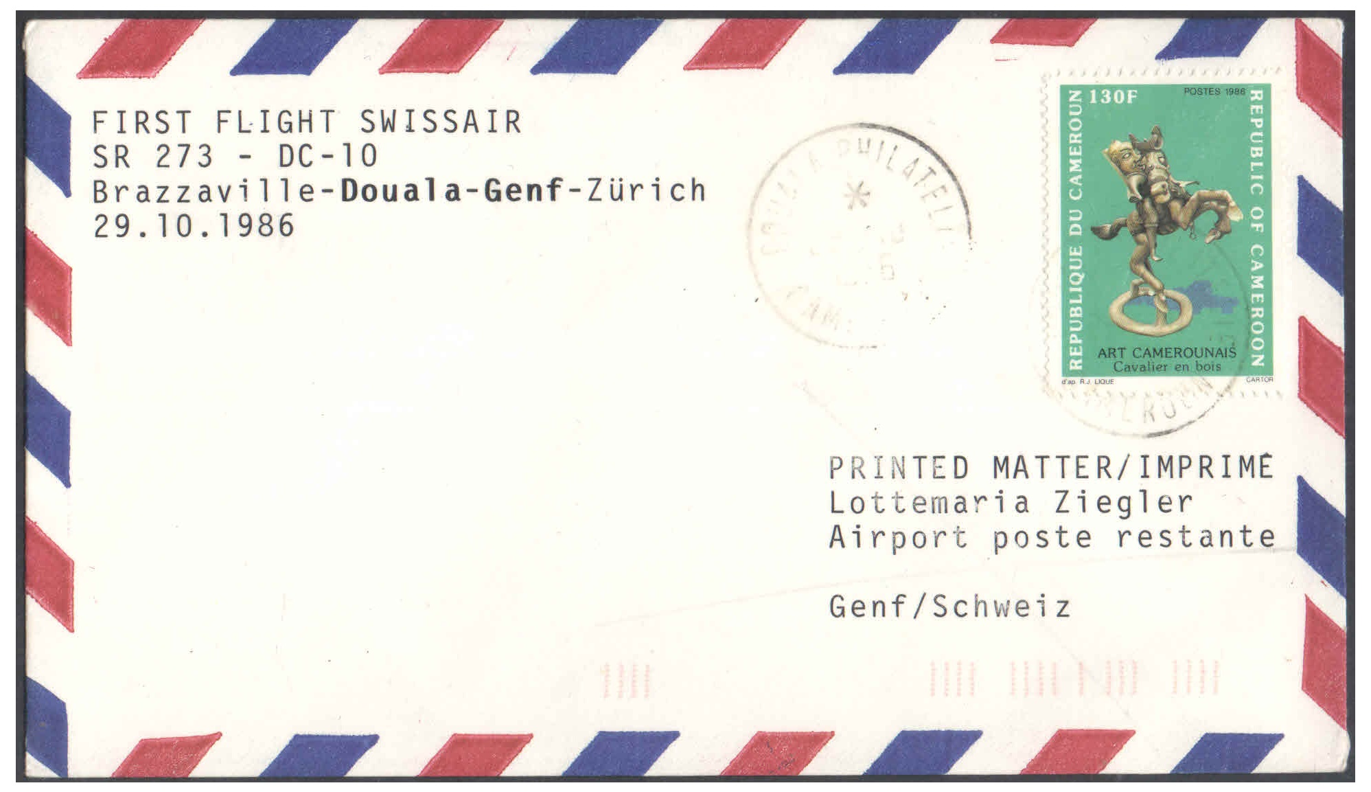 1988 First Flight Cover (29 October 1986) - Swiss Air - BRAZZAVILLE ( Congo ) to ZURICH ( Switzerland )
