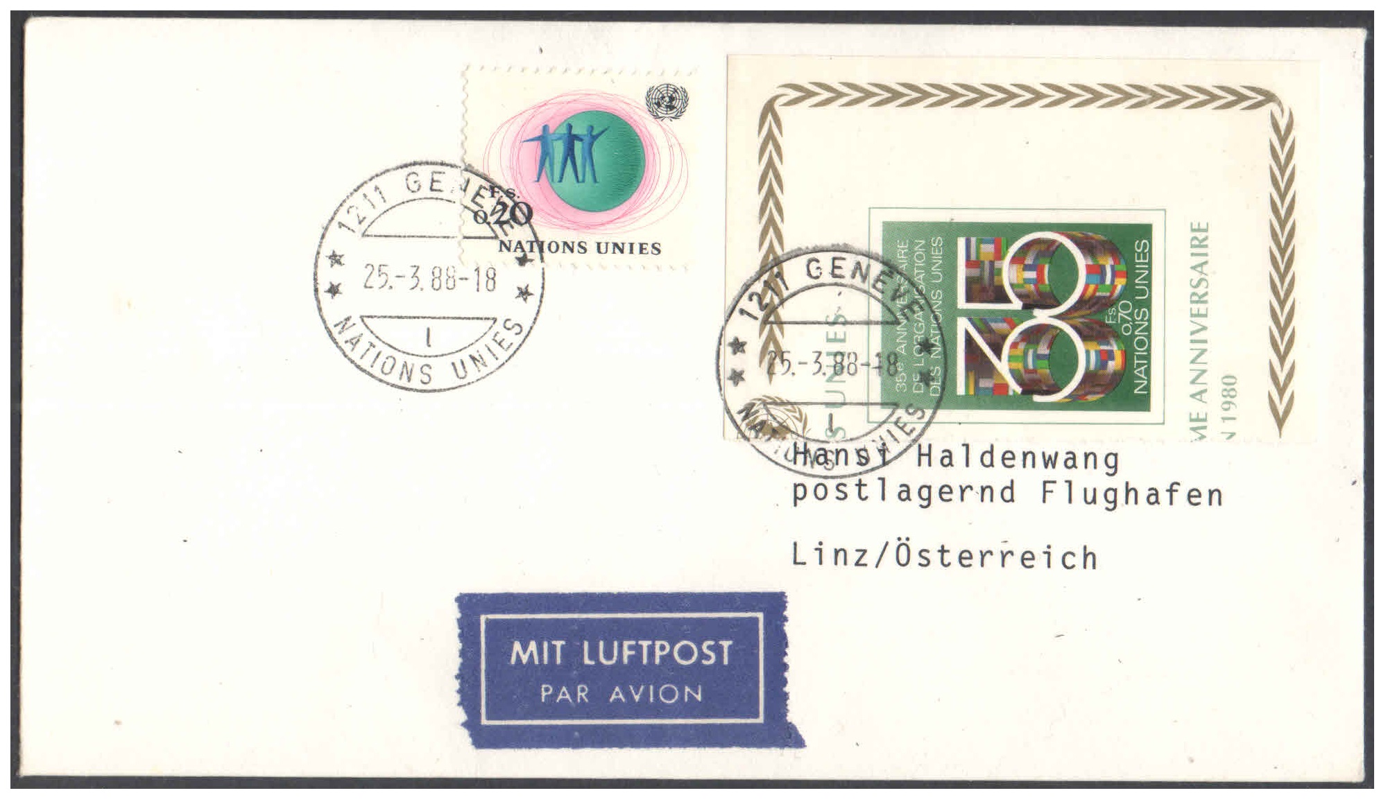 1988 Air Mail Cover (25 March 1988) - United Nations GENEVA ( Switzerland ) to LINZ ( Austria )